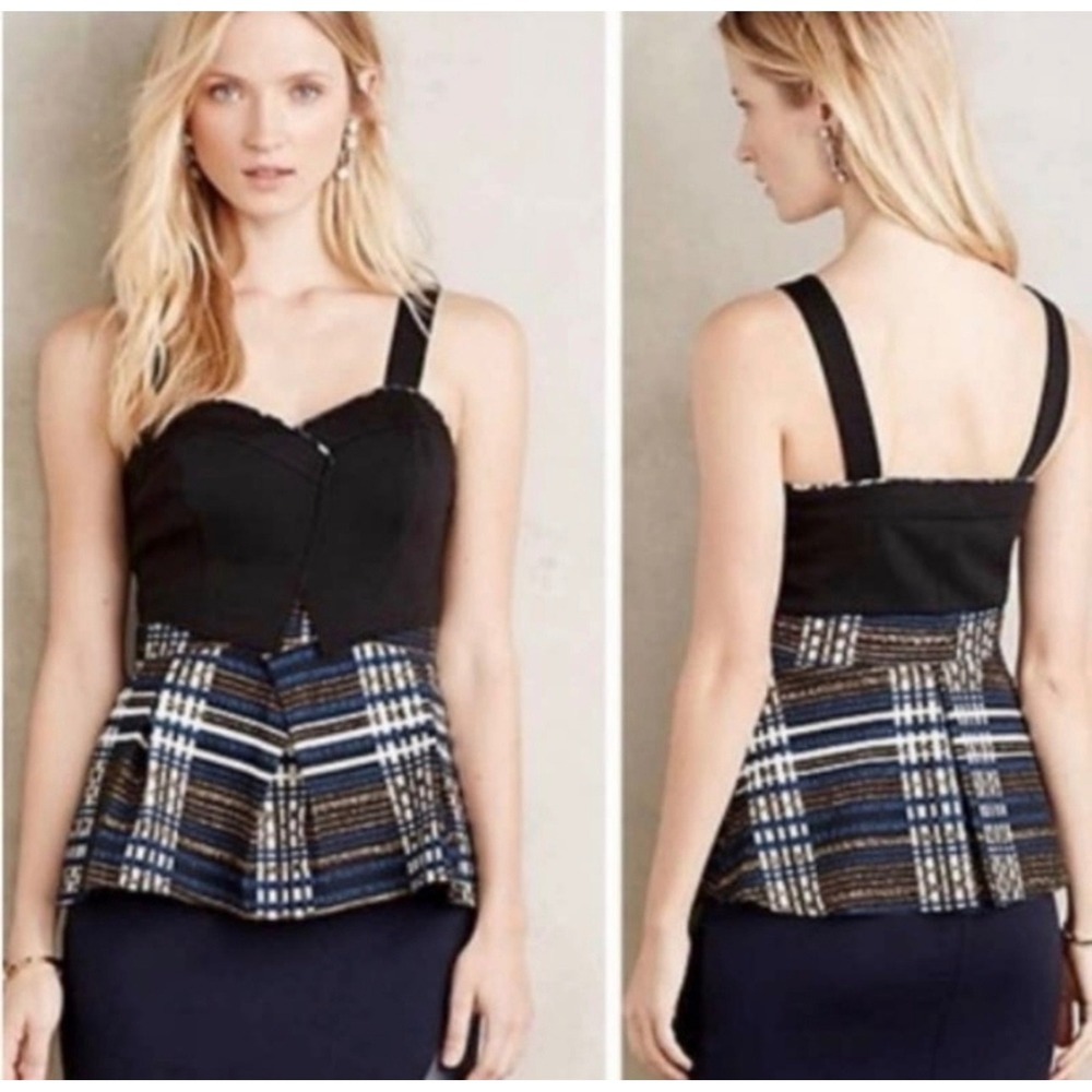 DELETTA Anthropologie Blk Metallic Plaid Peplum Top Jacquard Preppy Academia S